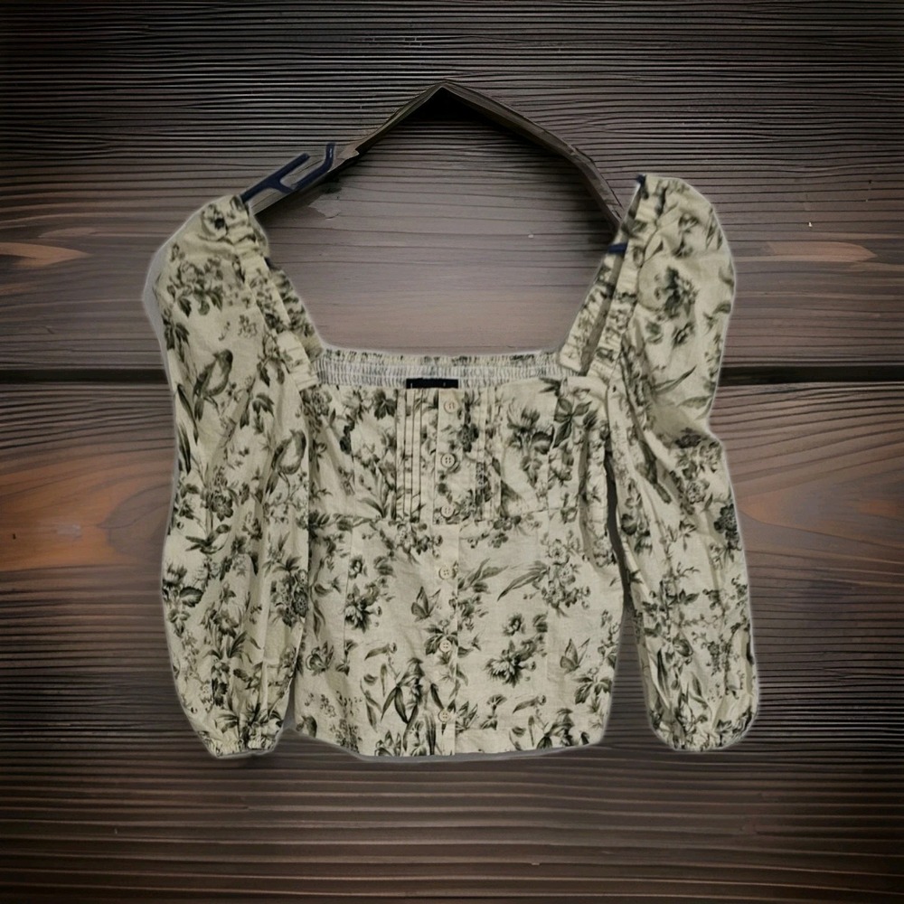 Kourt Women's Smocked‎ Floral Top Small Linen Polyester Blend Green Y2K Preppy - Picture 2 of 8